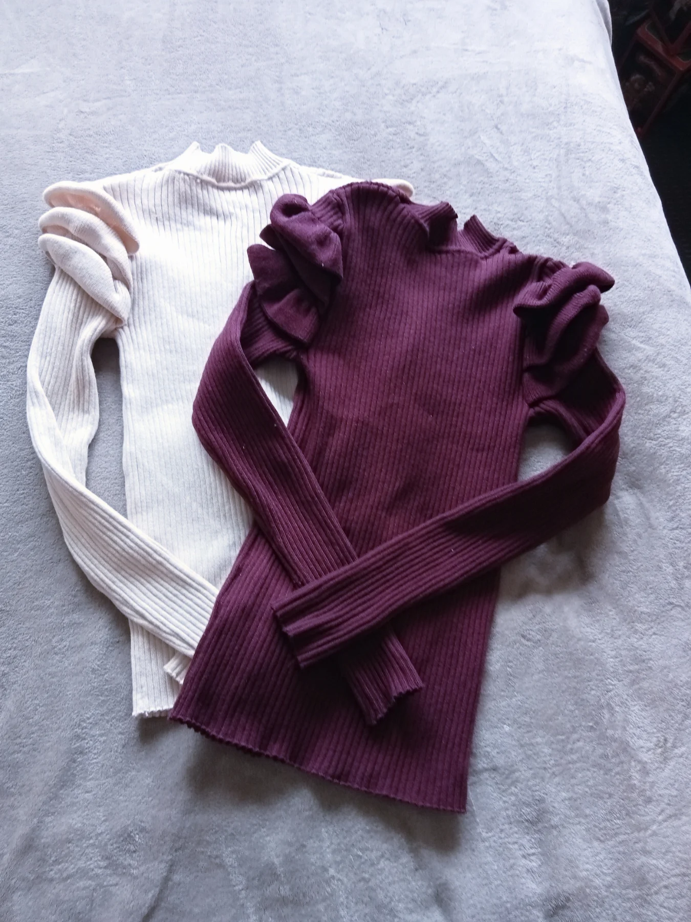 Shein Bundle of 2 Ribbed ruffle turtle Neck Jumpers - Cream & Burgundy (Gold Buttons)- UK size M/10