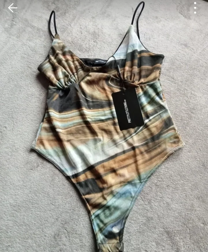 PRETTYLITTLETHING Multicolour Abstract Mesh Strappy Bodysuit UK 12