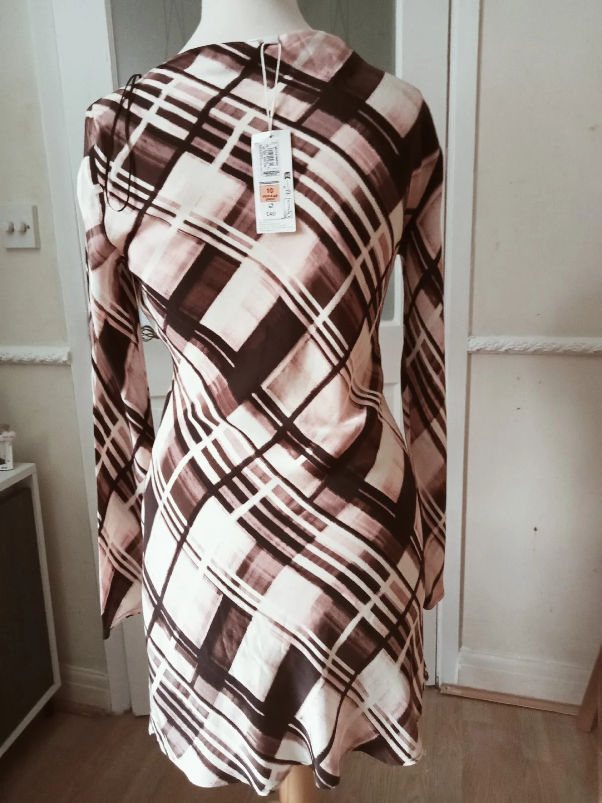 M&S Brown/Pink Checked Long Sleeve Dress - Size 10