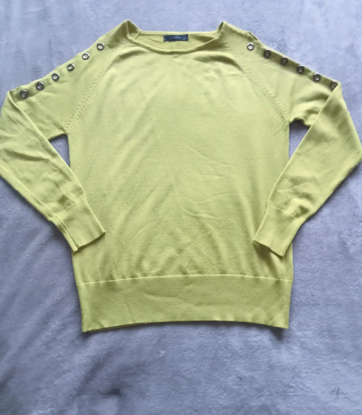 Zuppe Lime Green Fine Knit Sweater with Cold Shoulder & Button Detail - Size S/M