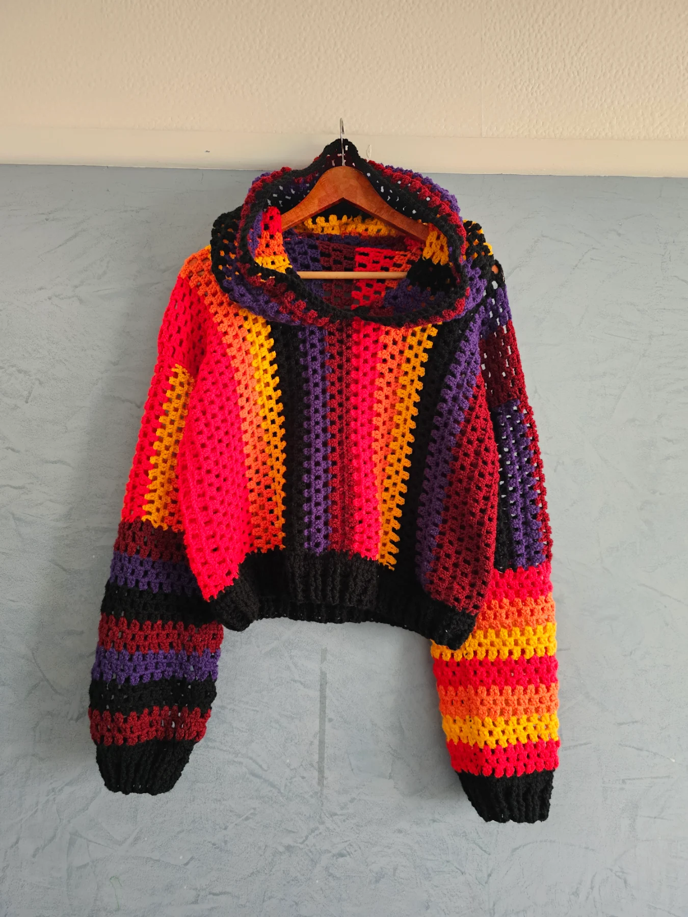 New unique multicoloured design hand crochet hooded unisex jumper