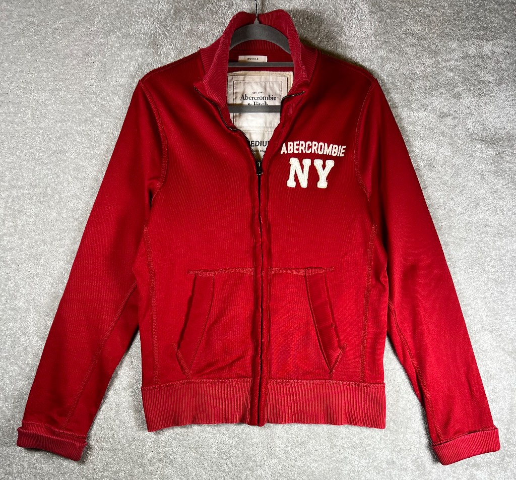 Abercrombie & Fitch Vintage Spell Out Track Jacket M Red Muscle Fit NY Full Zip