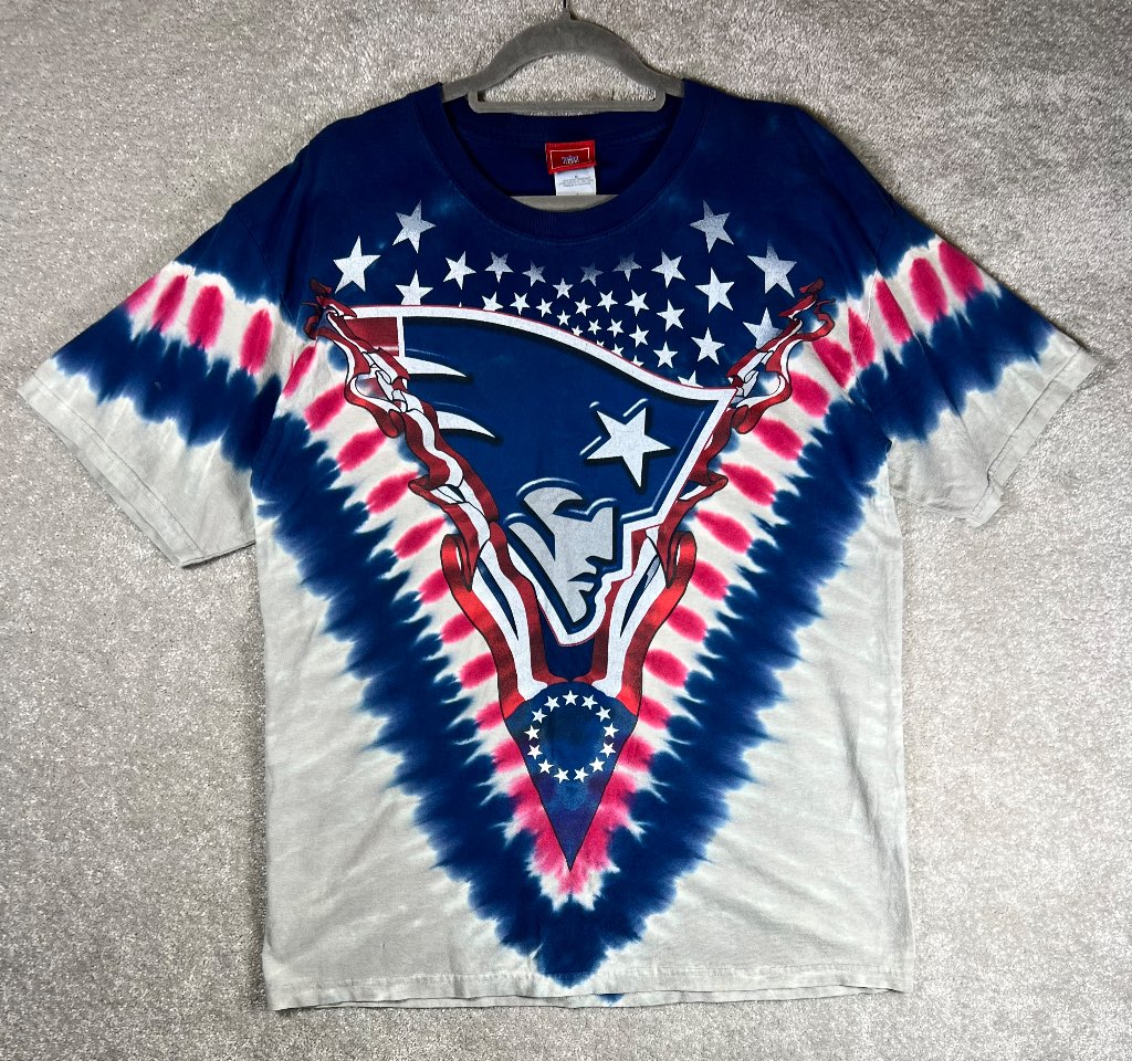 Vintage NFL New England Patriots Tie‑Dye T‑Shirt L USA Flag Graphic Double Side