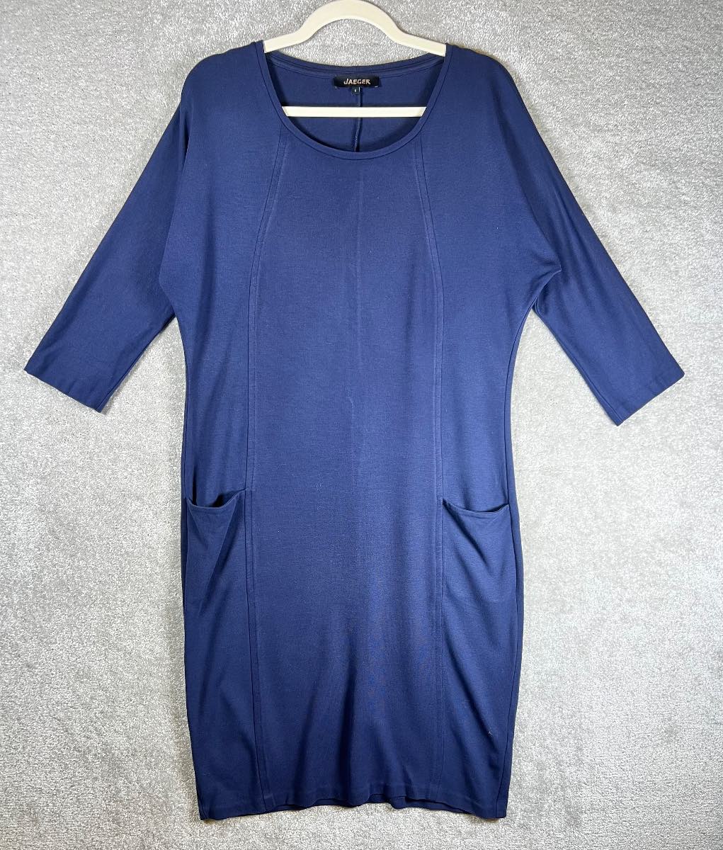 Jaeger Size S Navy Blue Viscose Jersey Shift Dress Pockets 3/4 Sleeve Stretch