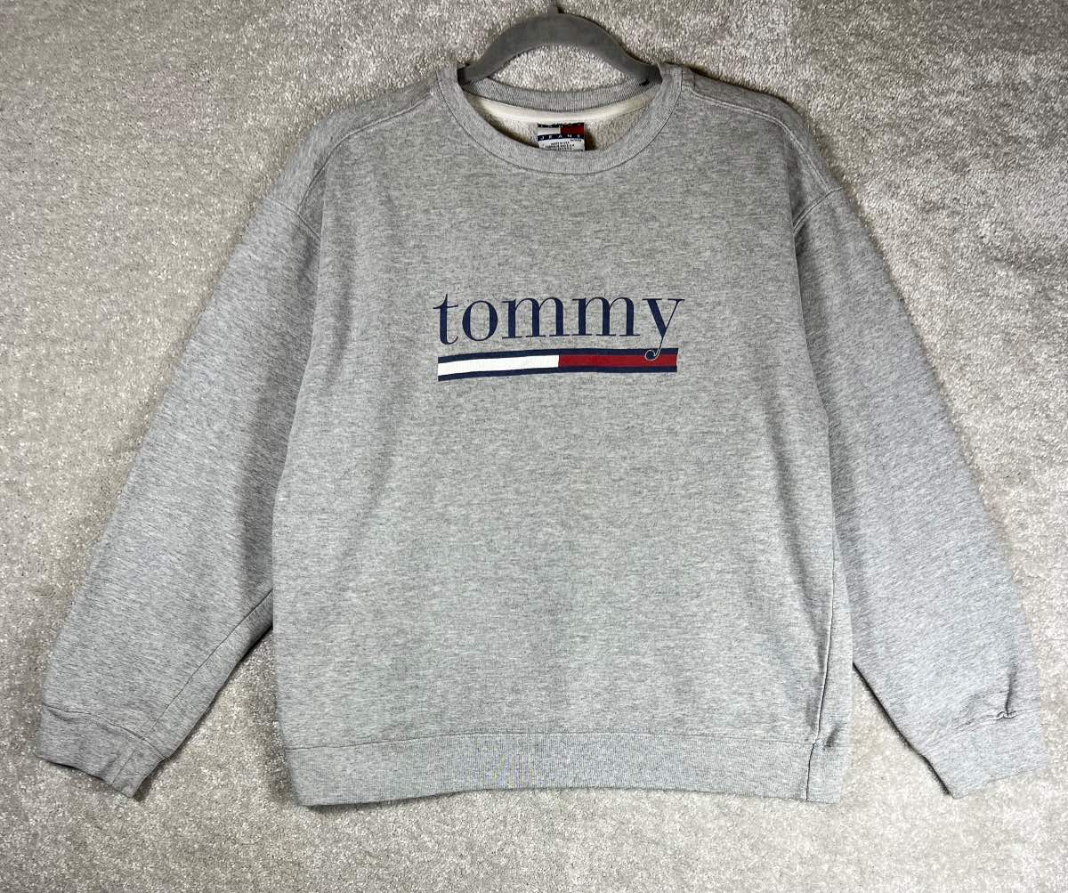 Tommy Jeans Vintage Sweatshirt M Grey Big Logo Crew Neck Made in USA 90s Retro