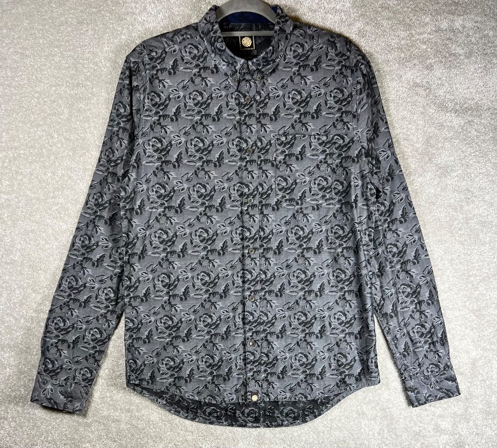 Pretty Green Men’s M Slim Fit Grey Black Paisley Rose Jacquard Long Sleeve Shirt