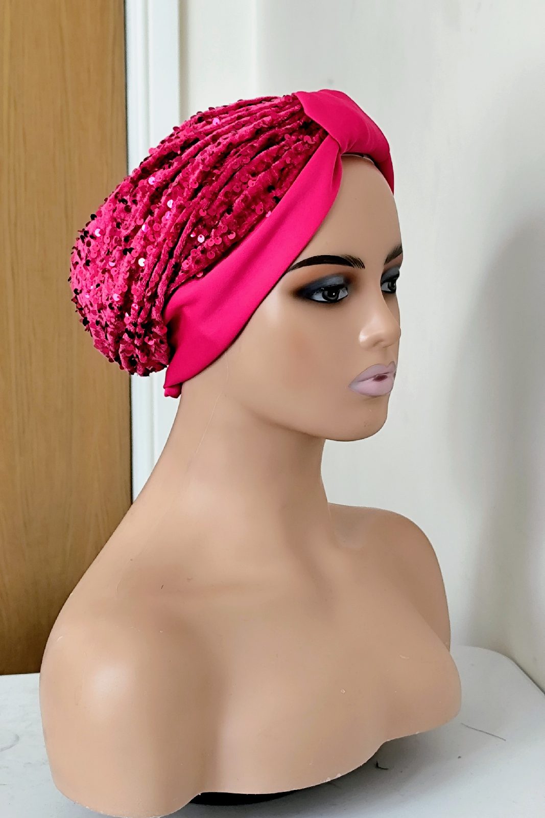 Elegant pink fushia turban sequins perfect for special occasions, every day wear, Chemo Turban.