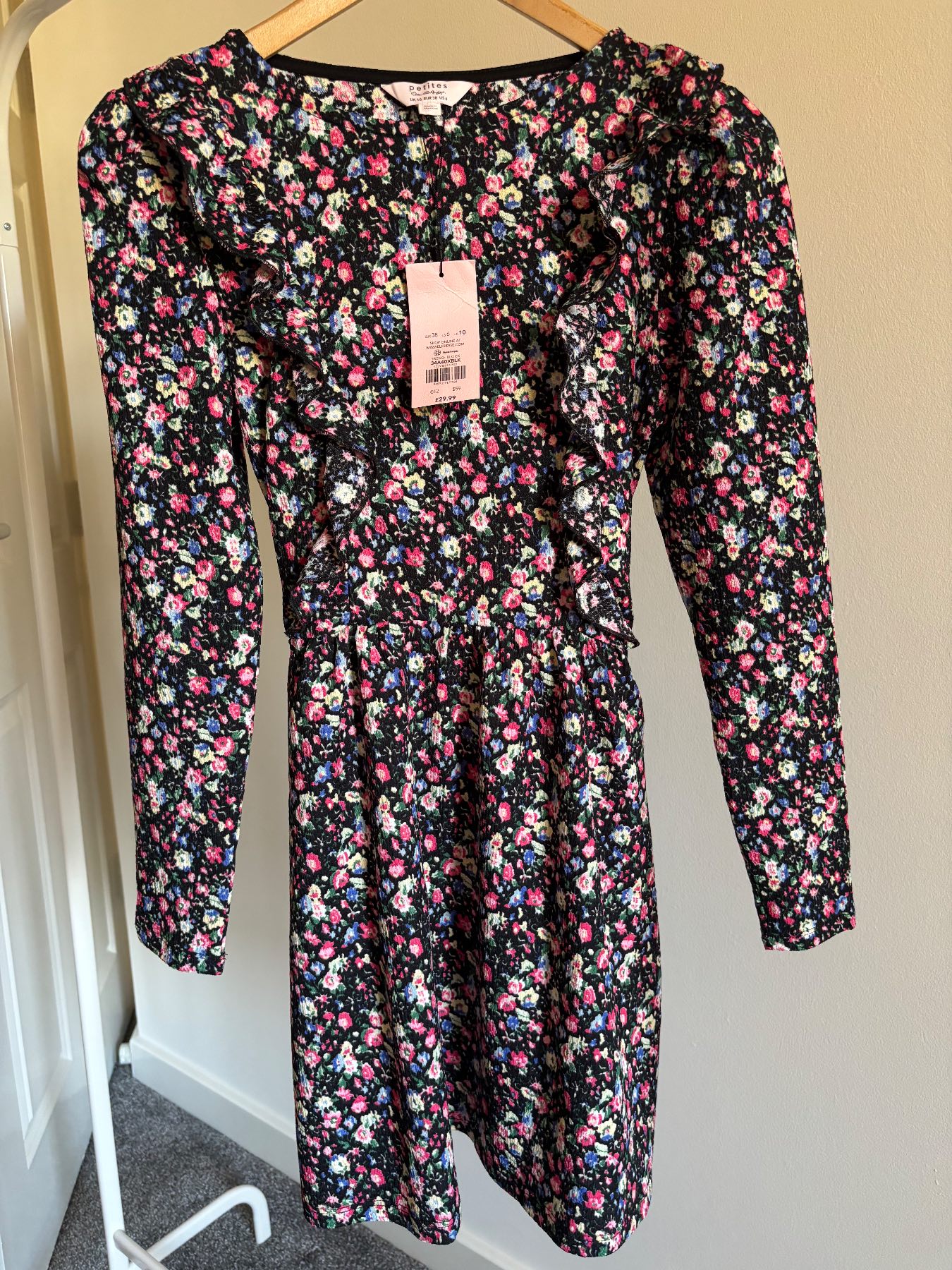 BNWT Miss Selfridge Petites Black Floral Ruffle Mini Tea Dress UK 10