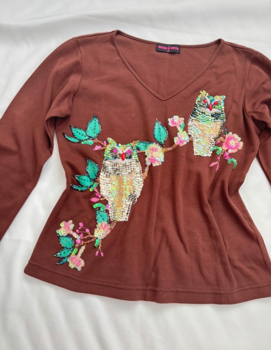 Rare Butler & Wilson Owl Sequin sequin Embellished Top Size M Boho long sleeve Top