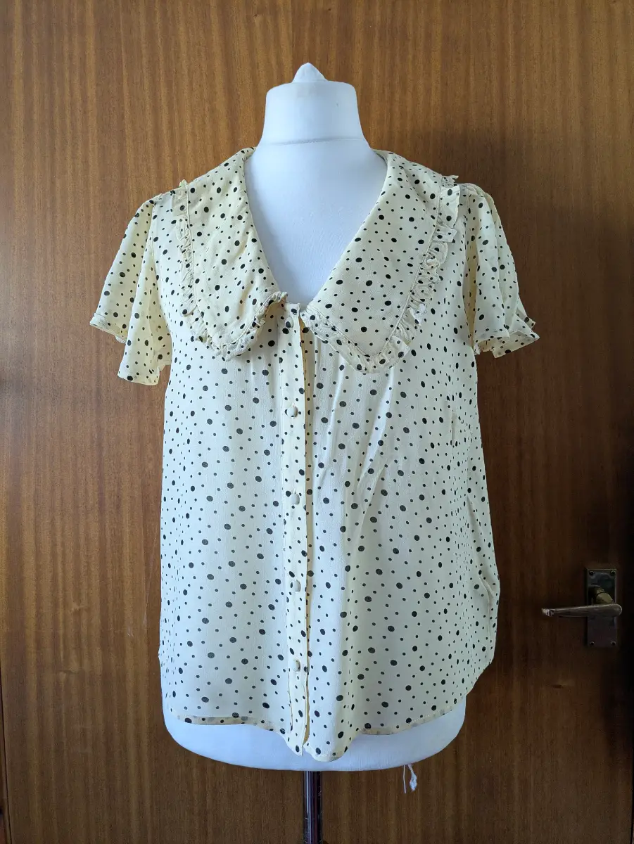 Next Y2K Blouse Size 18 Yellow Polka Dot Ruffle Peter Pan Collar Semi Sheer Top  Short Sleeve