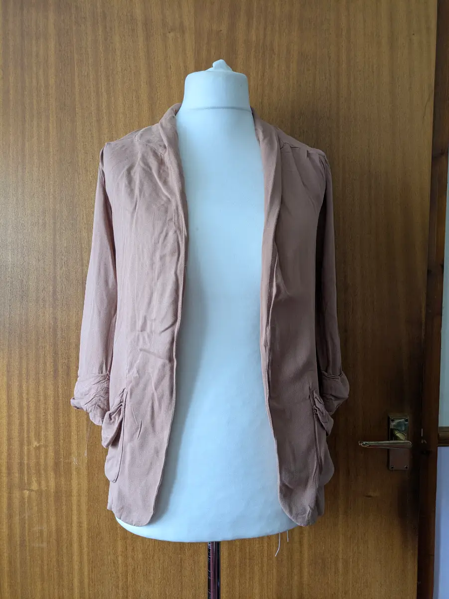 Vintage New Look Y2K Dusty Pink Viscose Ruched Blazer Jacket Open Front UK 8