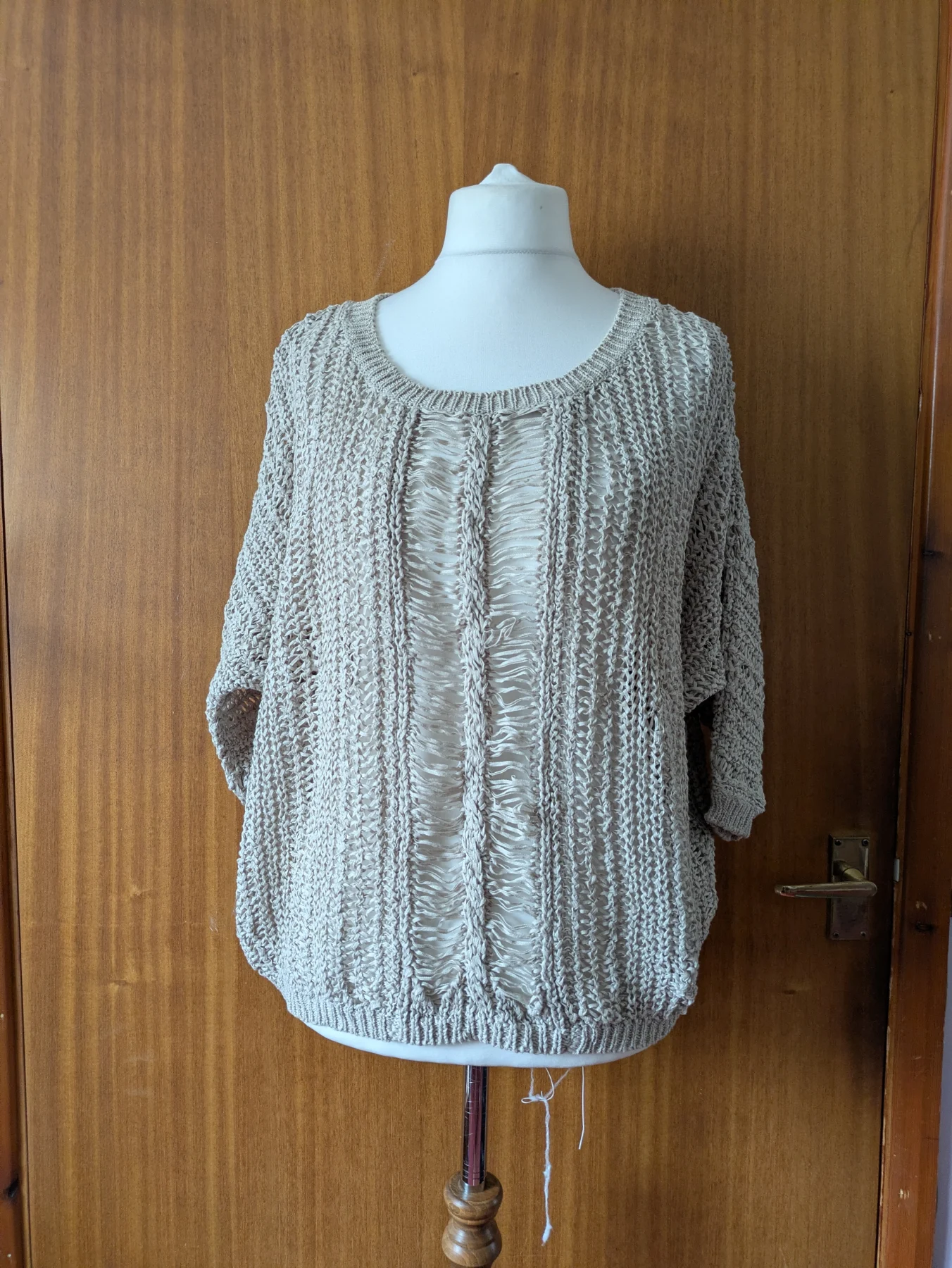 Second Female Tania Knit Beige Open Weave Jumper 100% Cotton Ladder Detail Batwing Sleeve Top Size L