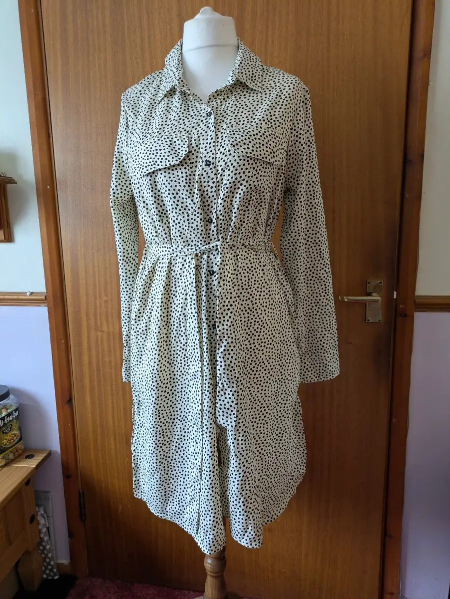 Brave Soul London Cream & Black Polka Dot Shirt Dress Size M (UK 10-12) Casual Summer Workwear