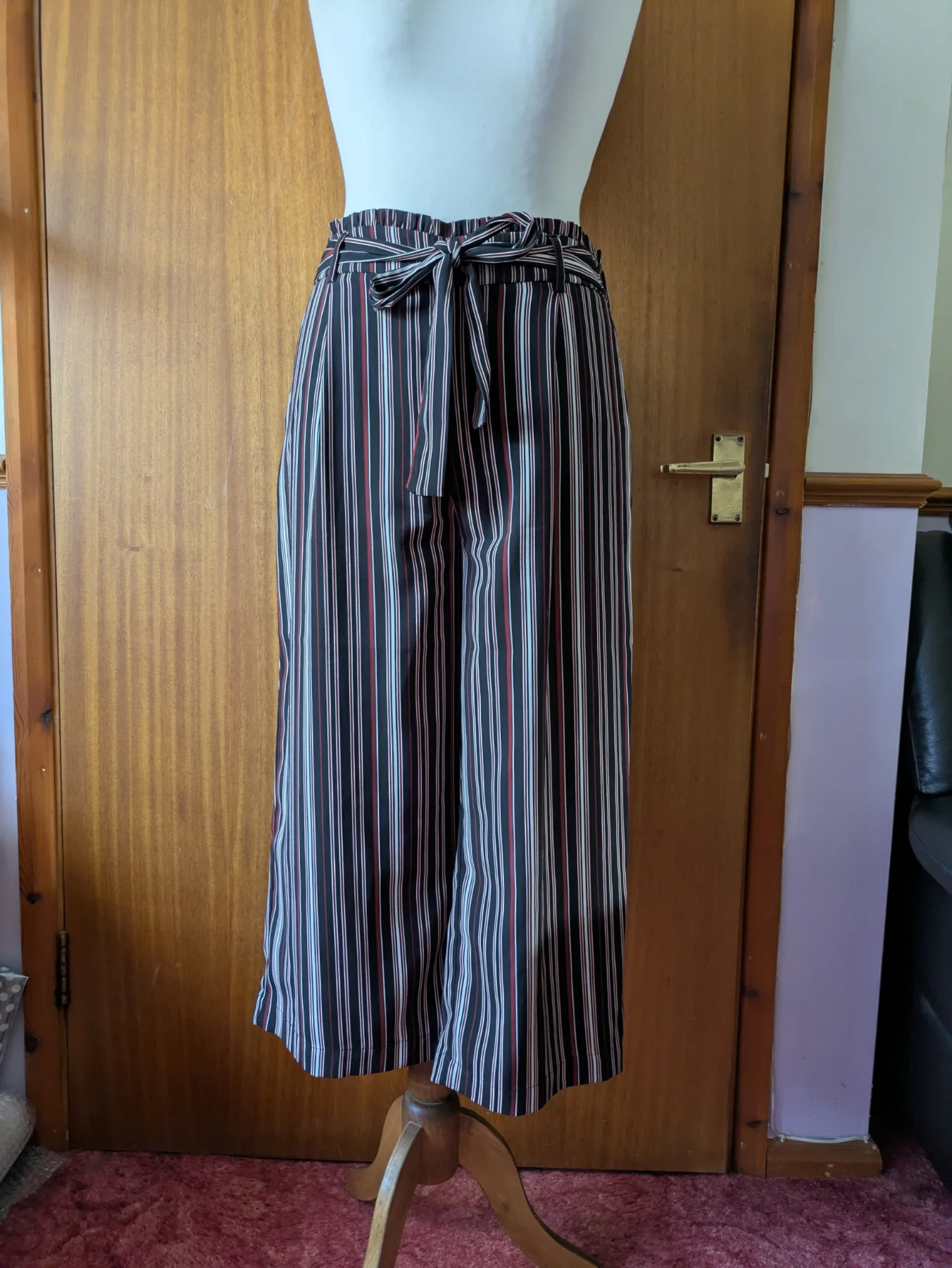 New Look Wide Leg Culottes Multicoloured Striped Trousers UK 14 Paperbag Waist Tie Belt Smart Casual