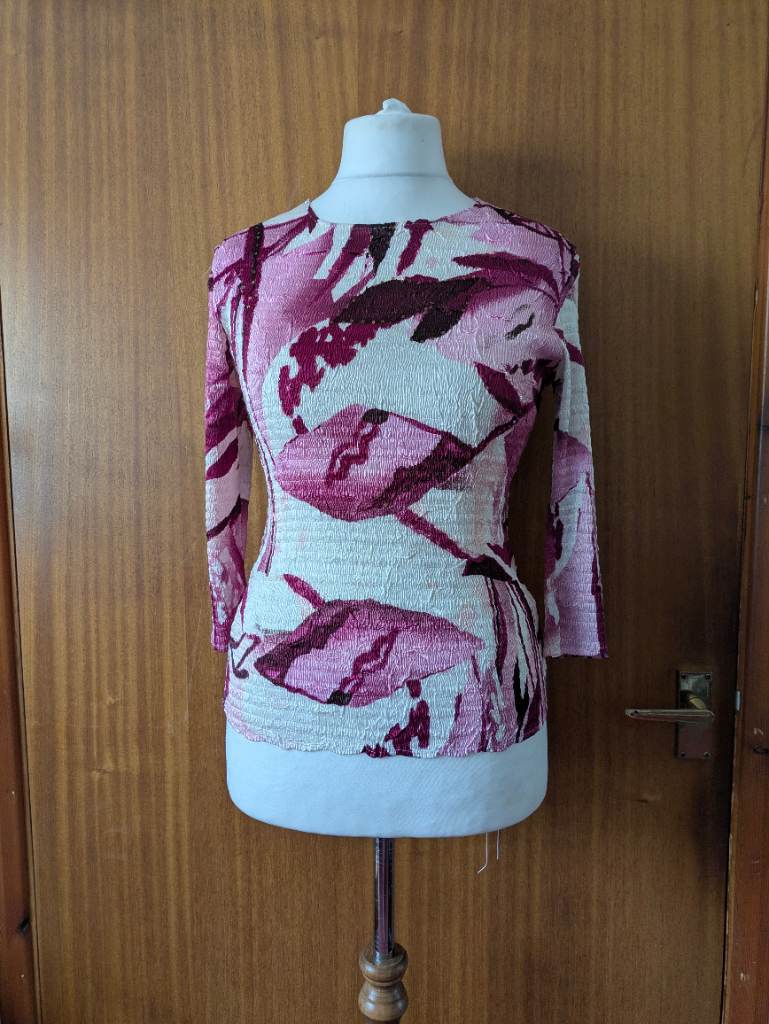Gerry Weber Y2K White Pink & Burgundy Abstract Print Sequin Detail Top Size 14 Smart Casual Party