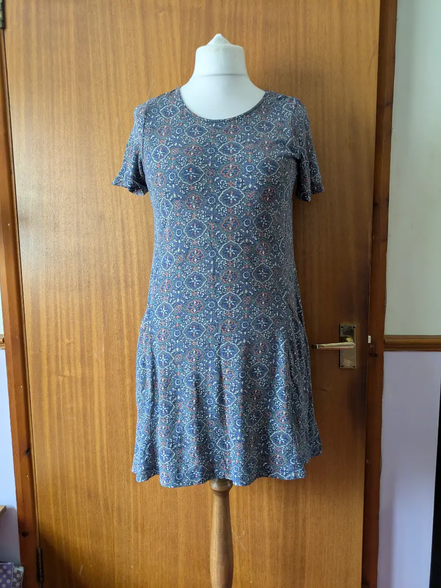 Fat Face Dress UK 8 Blue Tile Print Jersey Swing Dress Button Back Short Sleeve Summer Boho