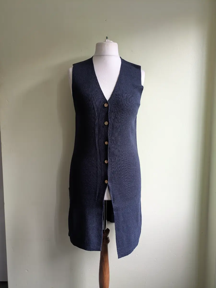 WOOLF Navy Linen Cotton Knit Longline Waistcoat Vest Dress Button Front S/M