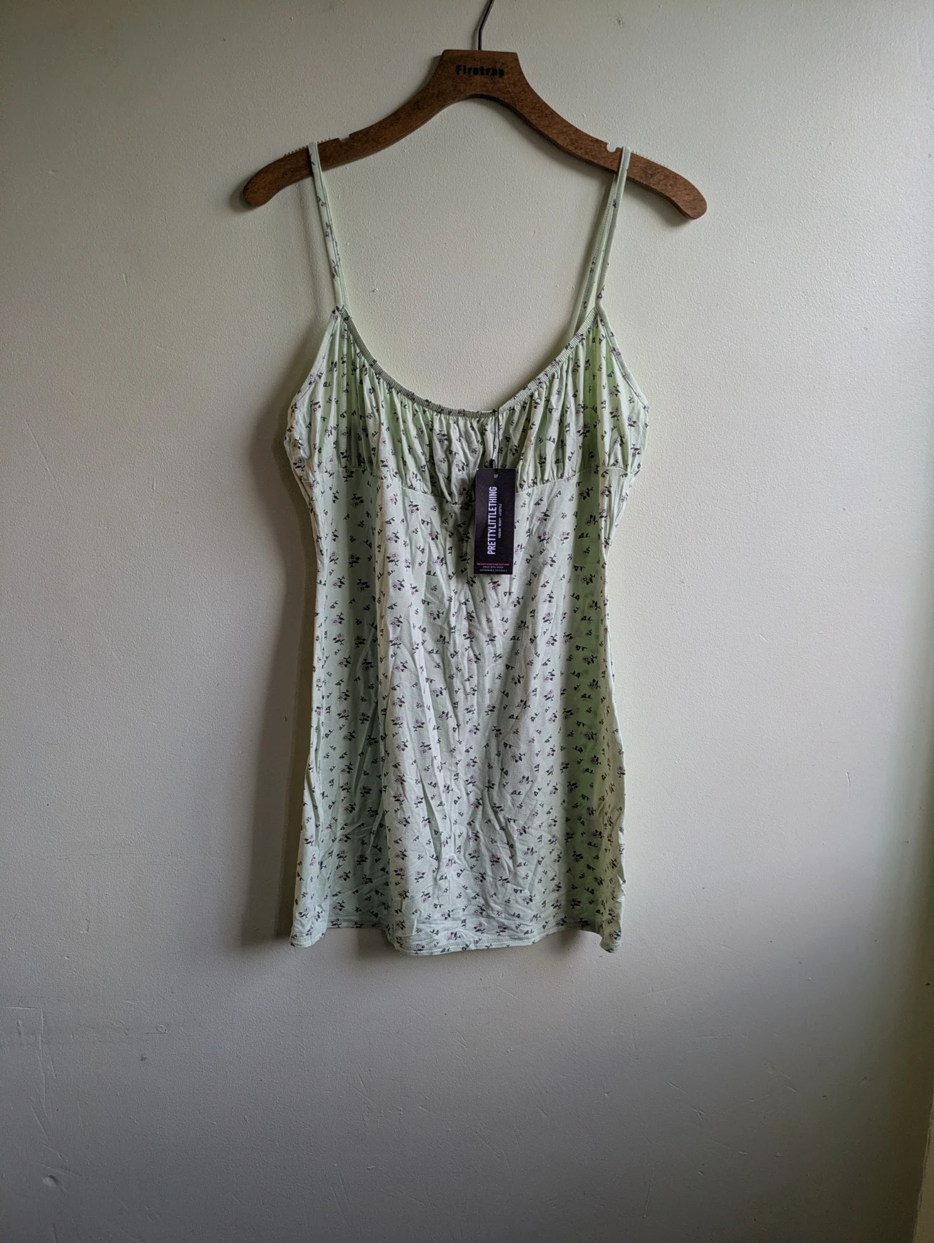 PrettyLittleThing Mint Green Ditsy Floral Ruched Bodycon Mini Dress UK 16 BNWT