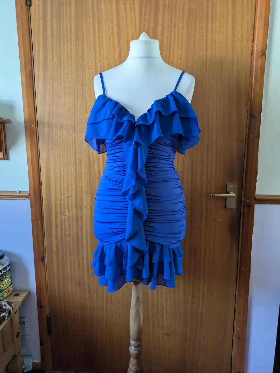 Saint Genies Royal Blue Ruched Ruffle Mini Dress Party Clubwear Cruise NWOT Size UK 10 Summer