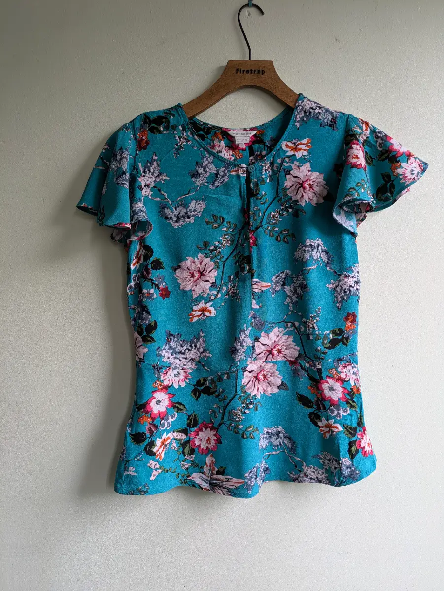 Vintage Y2K Monsoon Teal Blue Floral Blouse Peplum Ruffle Sleeve Top Size UK 8 Cottagecore