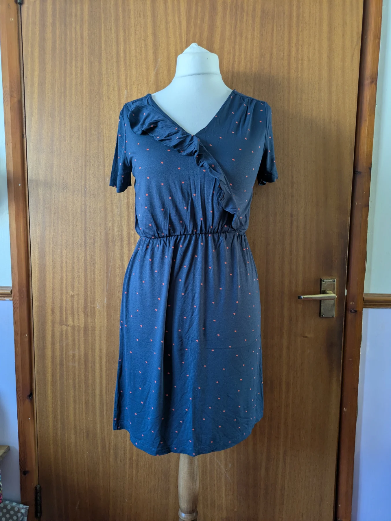 Soaked In Luxury Saga Dress Navy Polka Dot Ruffle Wrap V-Neck Midi M