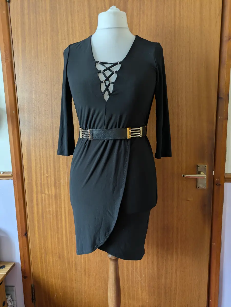 River Island Black Lace Up Front Wrap Bodycon Dress Size 10 Gold Belt