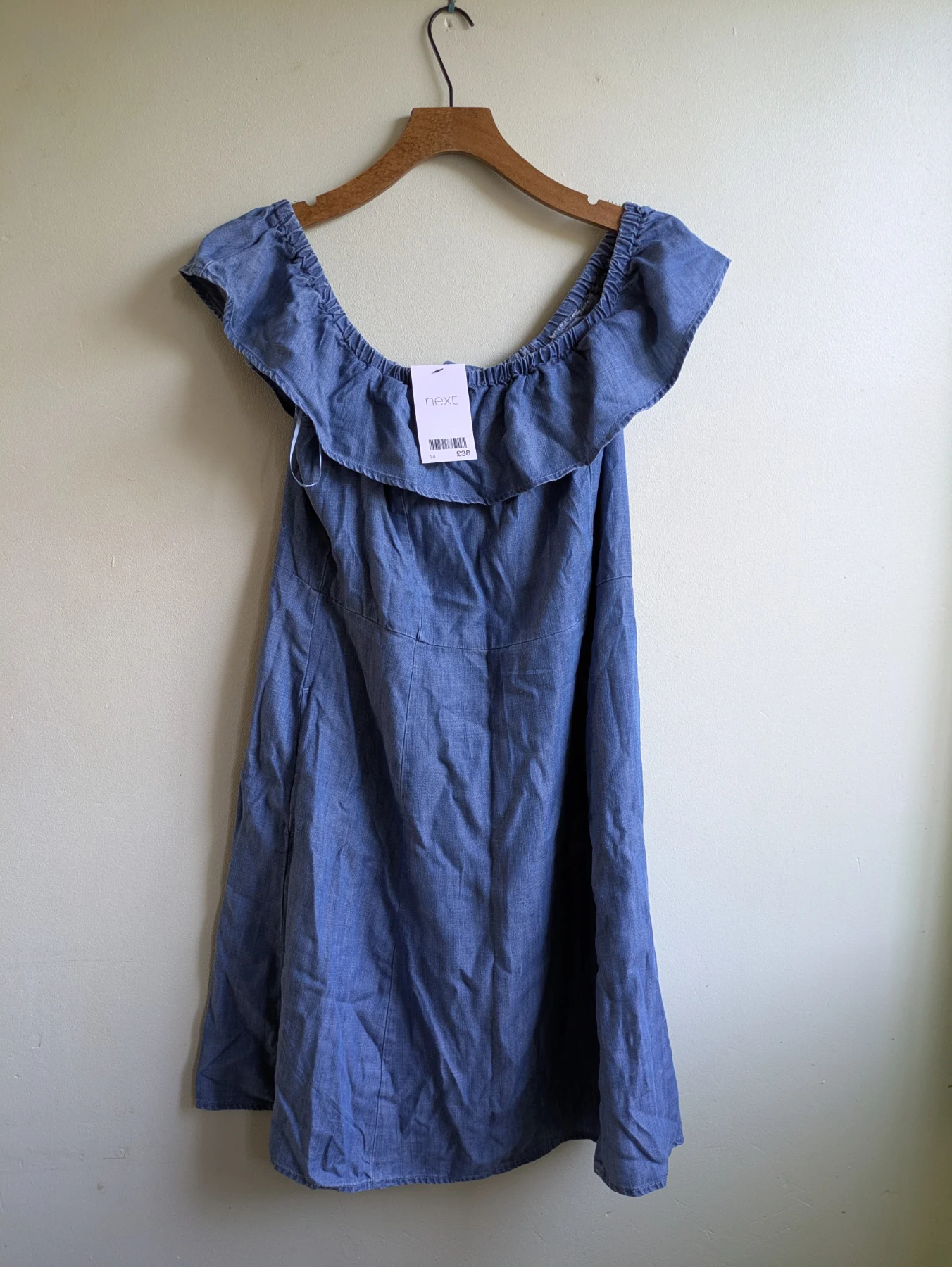 Next Chambray Denim Bardot Dress Size 14 BNWT Off Shoulder Frill Tencel Skater Mini Holiday