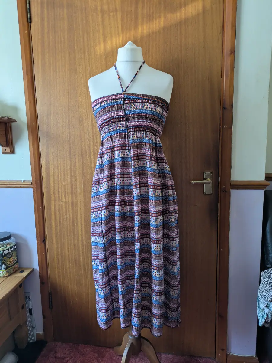 Tropiko kultura Aztec Stipe Boho 3-in-1 Strapless Halter Bandeau Smocked Dress Maxi Skirt Festival