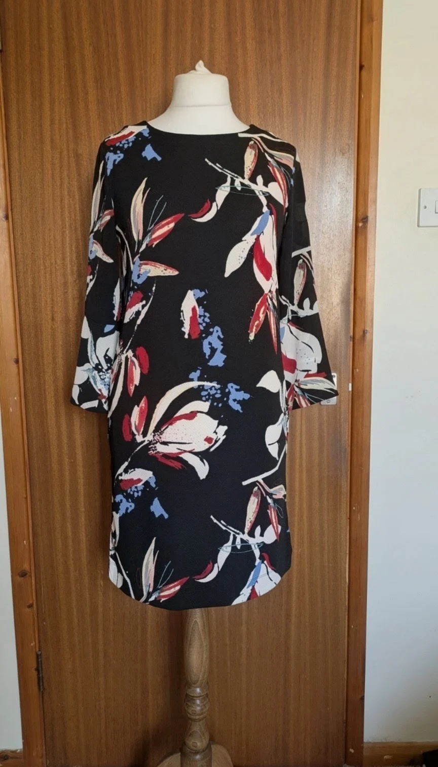Next Abstract Floral Print Shift Dress UK 10 Black Multicoloured Long Sleeve Keyhole Back Smart