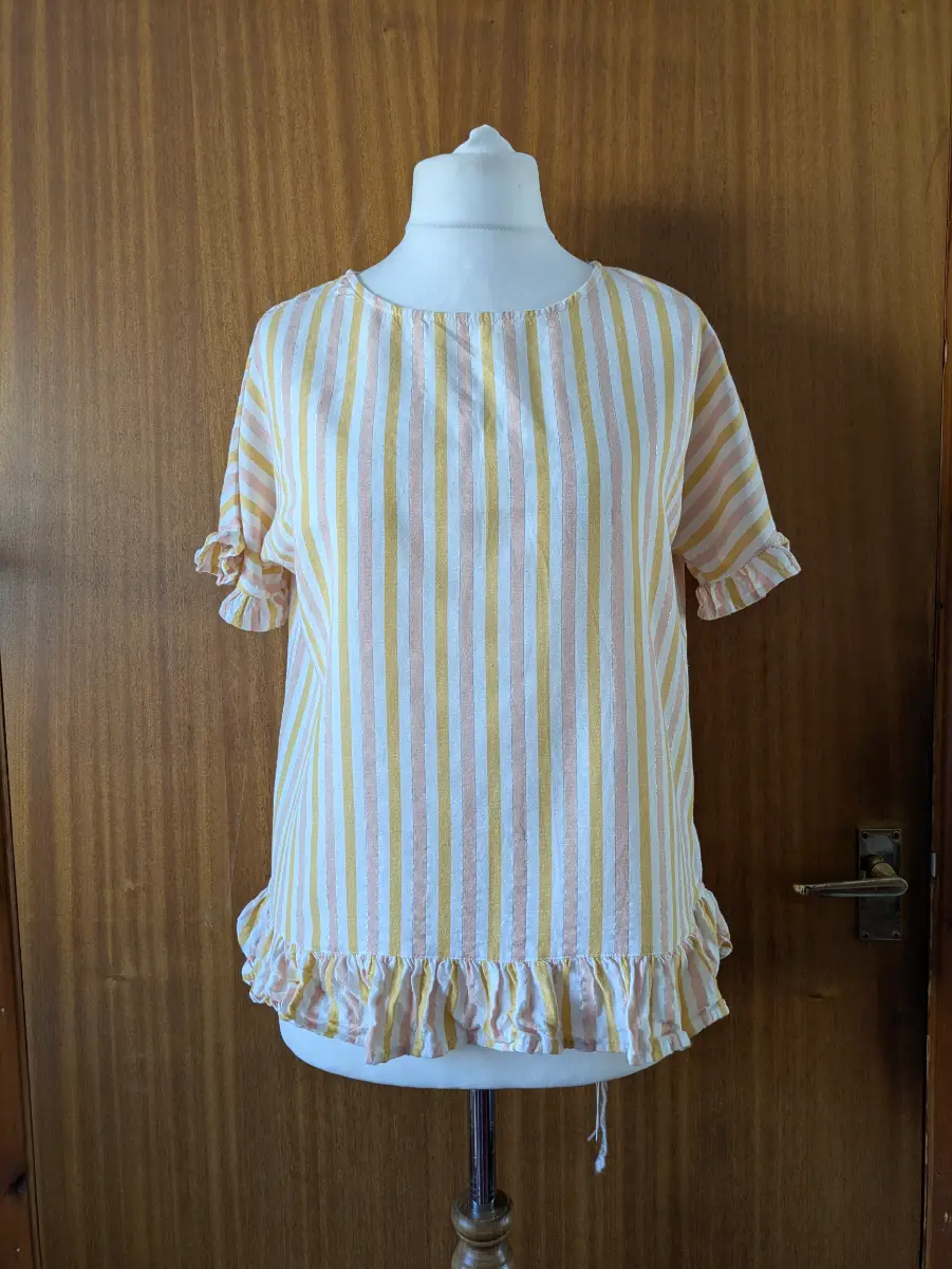 F&F Casual Striped Top UK 10 Yellow Pink White Frill Trim Viscose Cotton Linen Blend Summer