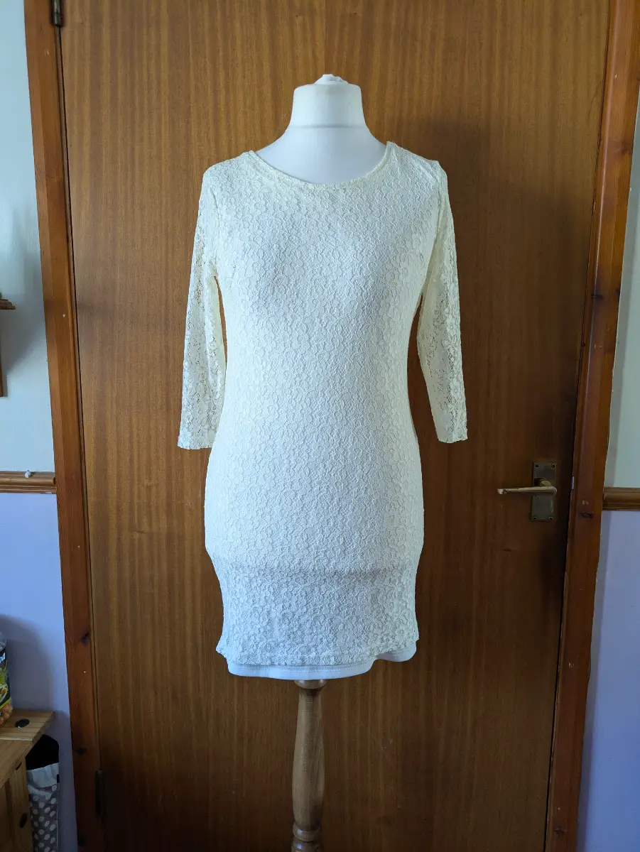 Blend She Cream Lace Mini Dress Size M White Ivory Long Sleeve Scoop Low Back Party bridal