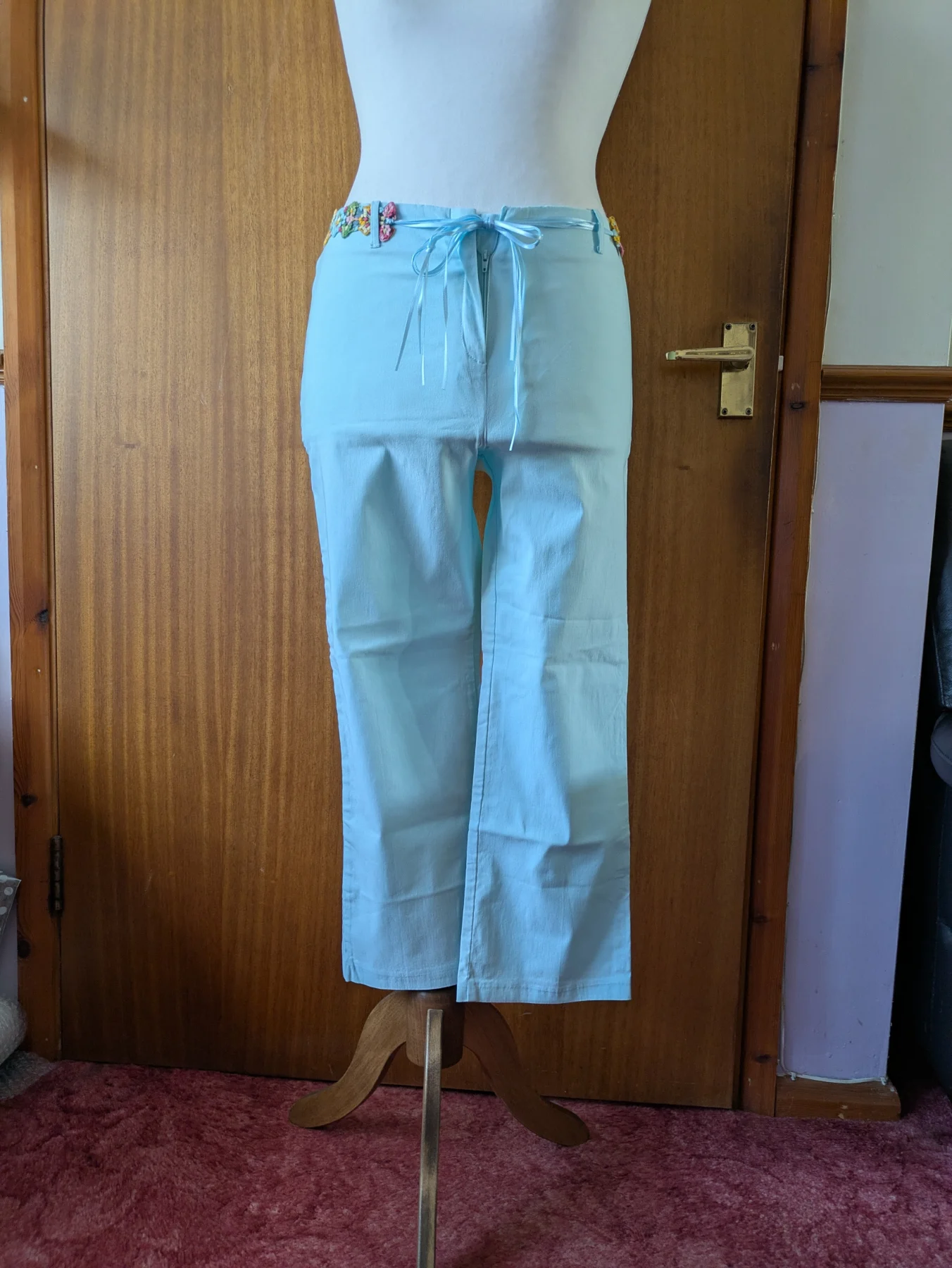 New Look Vintage Y2K Pale Blue Trousers Size 10 Crochet Floral Belt Boho Bootcut Low Rise
