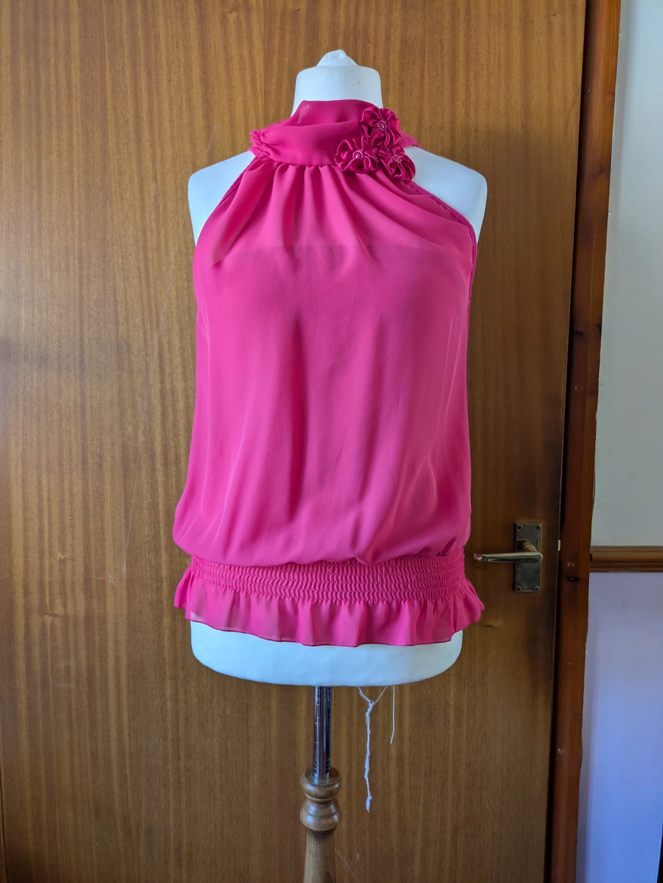 Paprika Hot Pink Halterneck ruffle trim and floral embellishment Corsage Flower top