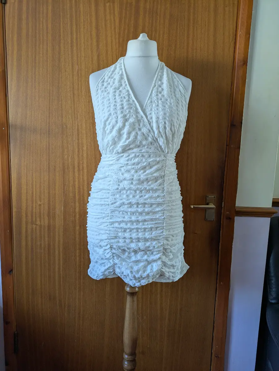 ASOS Design White Plisse Ruched Halterneck Bodycon Mini Dress UK 10 Bridal Hen Party