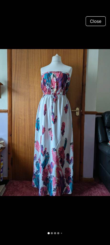 Vintage Monsoon Feather Print Strapless Maxi Dress Size M White multicoloured Boho Summer Festival