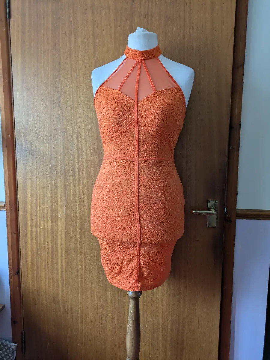 Missguided Bright Orange Lace High Neck Halter Bodycon Mini Dress UK 10 / M Holiday Party Clubbing