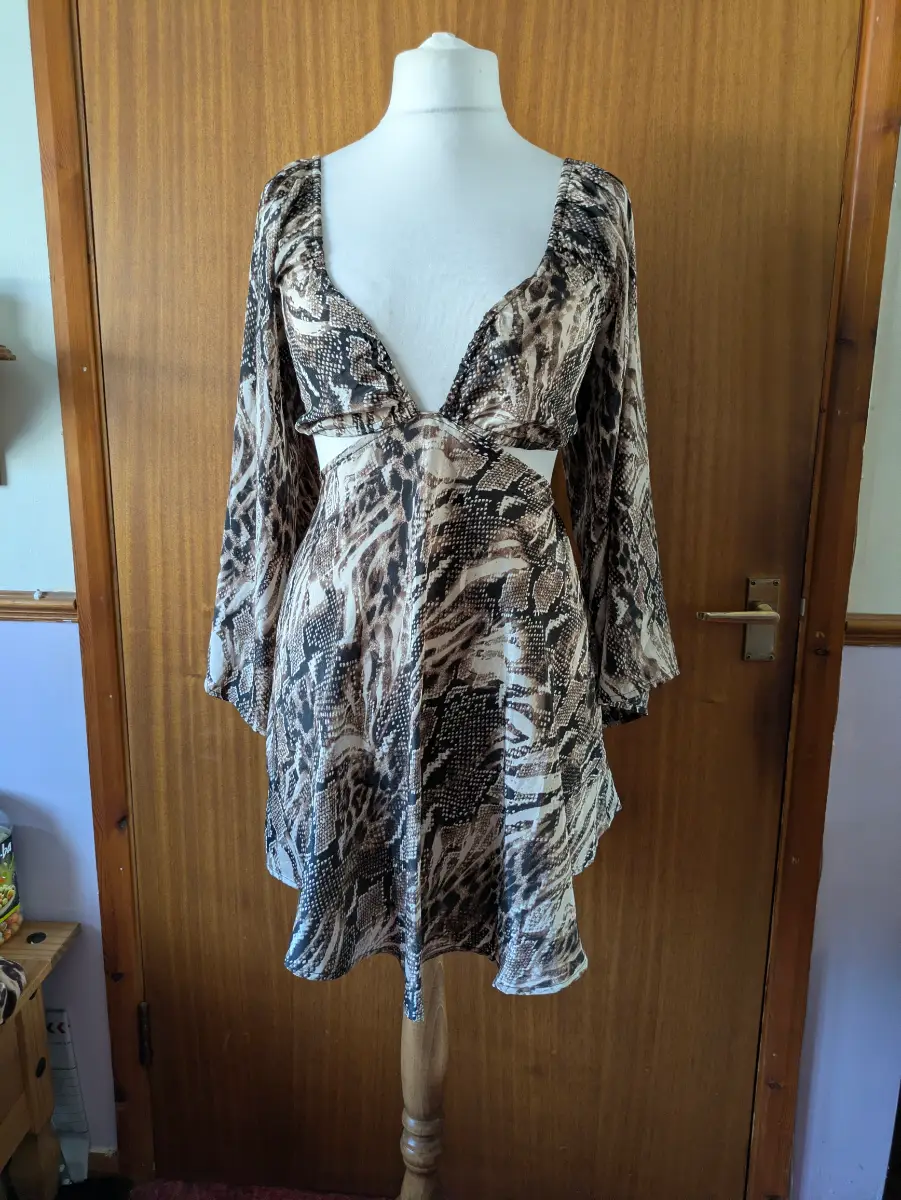 ASOS Design brown and beige snake print mini dress with plunge, cut out detail, bell sleeve size 8
