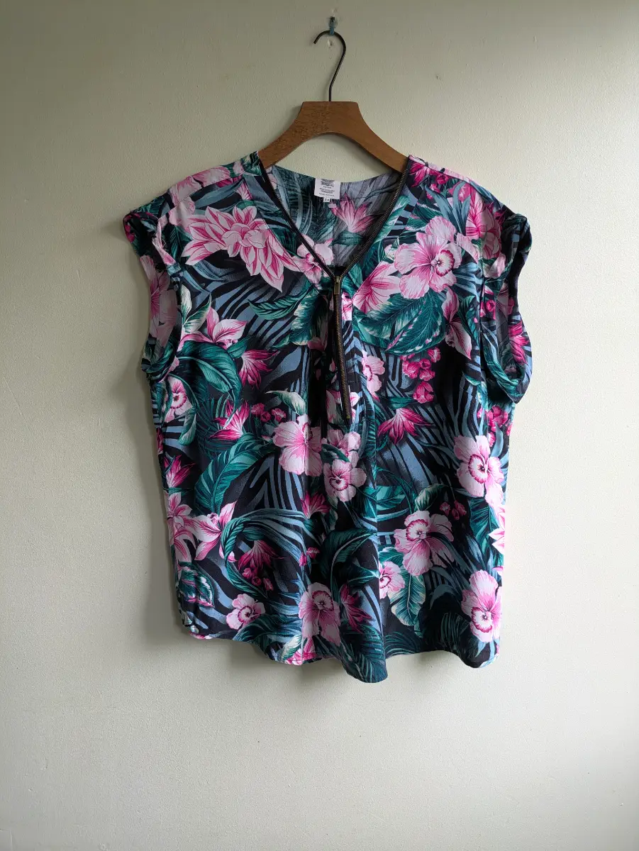 Rivers Australia Tropical Floral Zip V Neck Sleeveless Top Size 14 Pink Teal