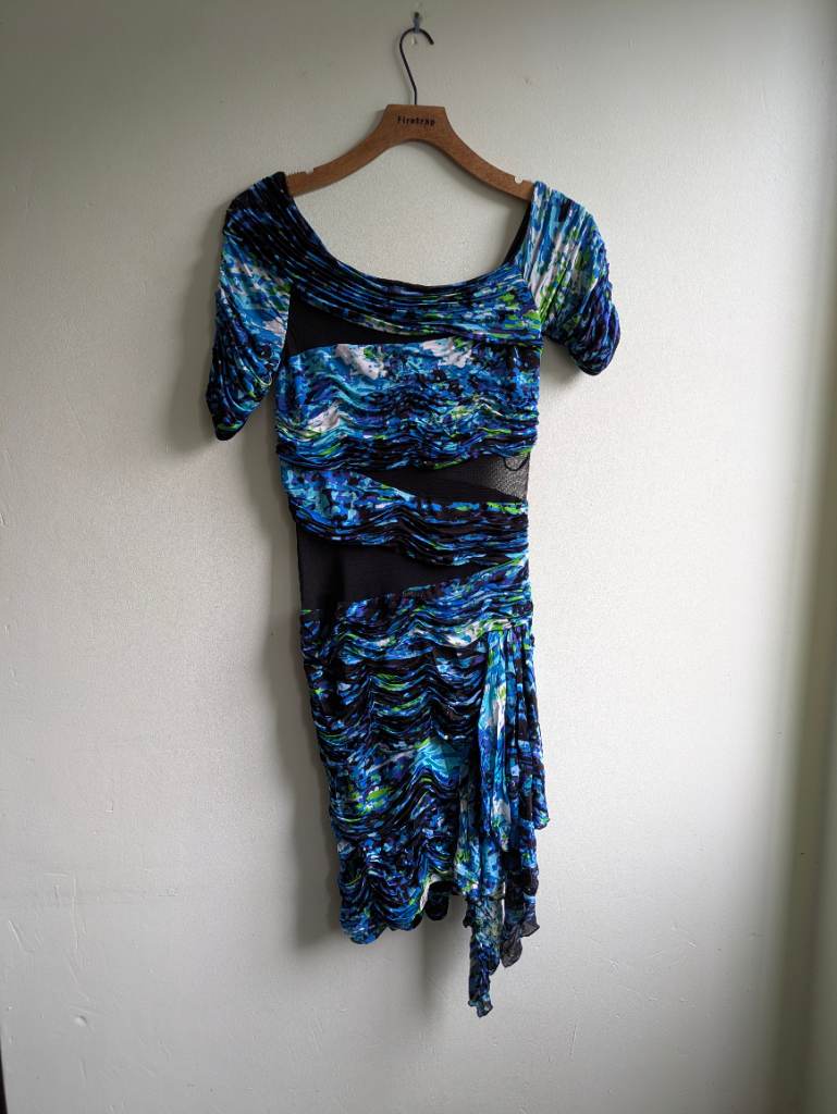 Bcbgmaxazria Blue Abstract Print Ruched Bodycon Dress Mesh Cutouts Size 0 UK XS