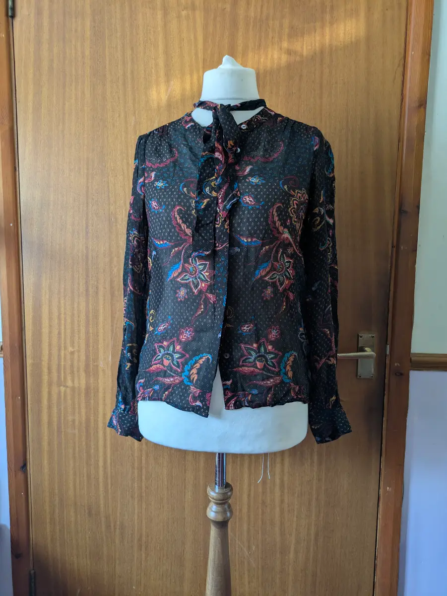 Monsoon Black Multicoloured Paisley Print Pussy Bow Sheer Blouse Size 8 Floral Boho Vintage Style