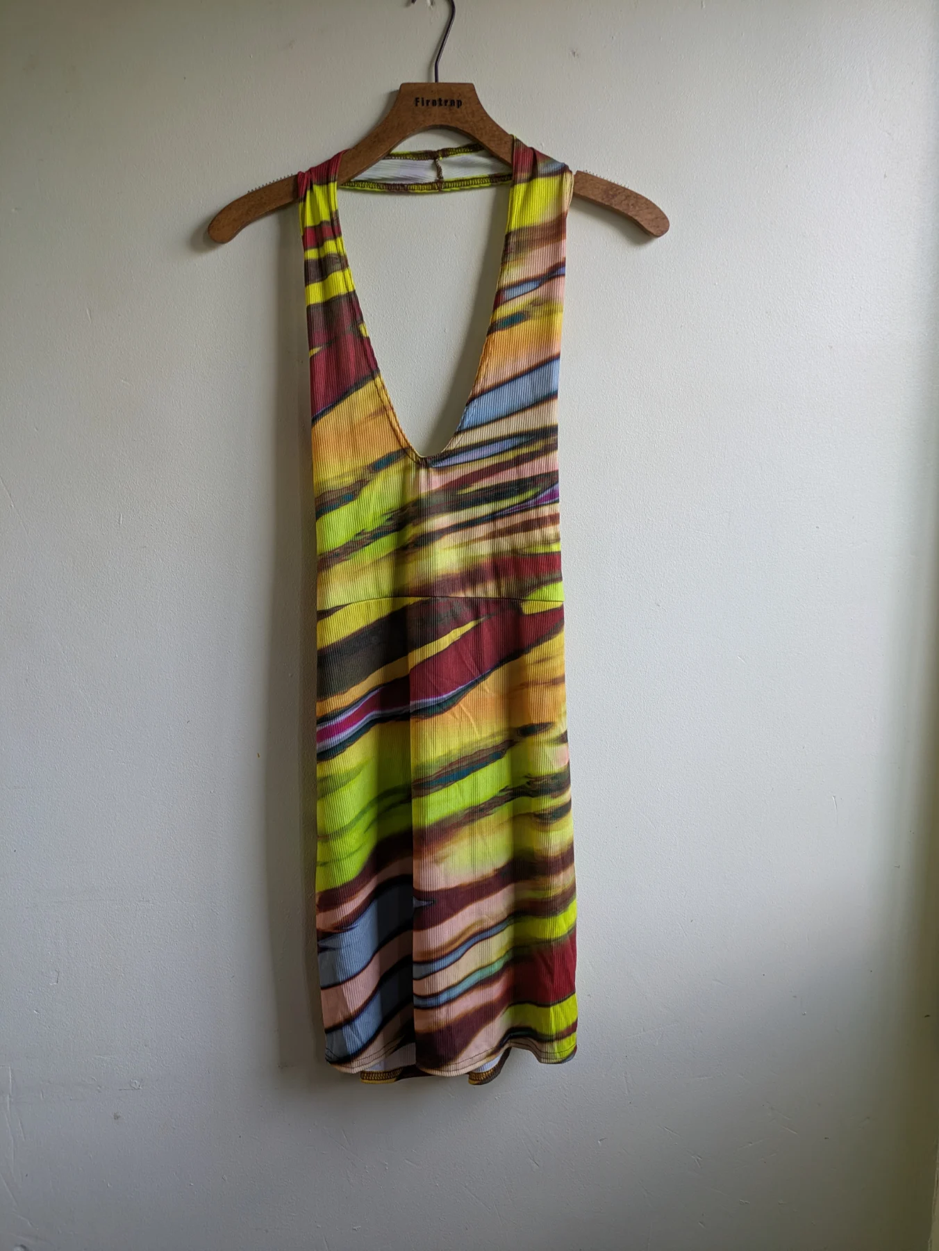 Prettylittlething Multi abstract print ribbed halterneck tie back bodycon dress in size 14
