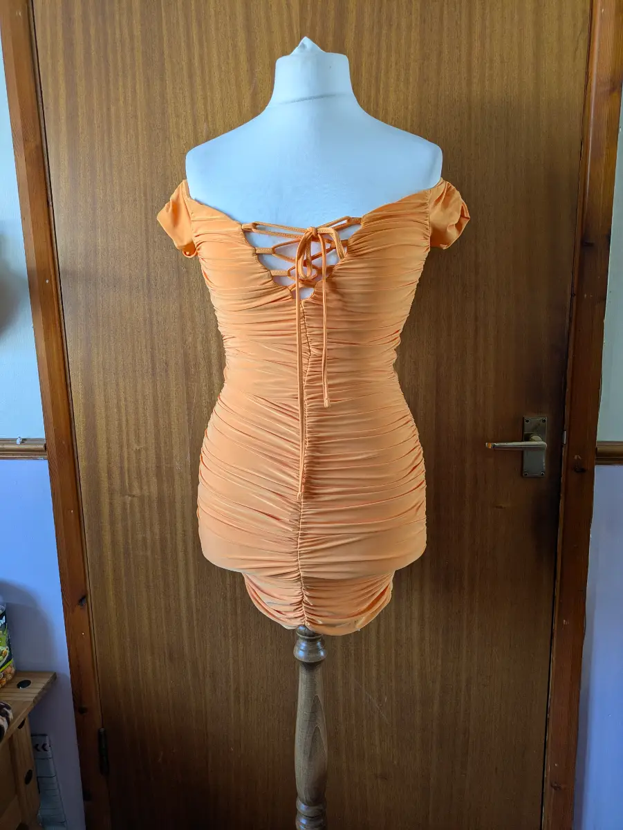 Edge Street Orange Lace Up Front Ruched Mini Dress Off Shoulder Bodycon Clubbing Summer Size 8
