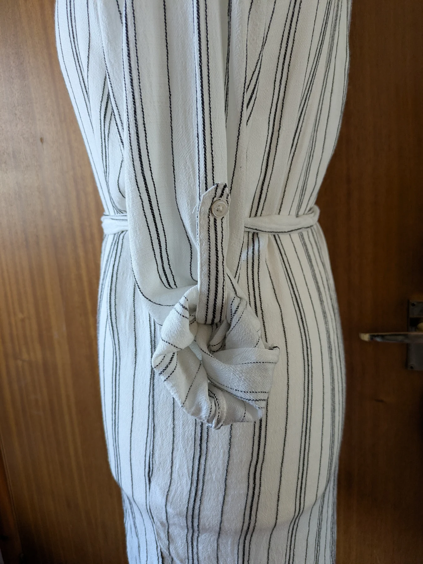 New Look Cream Black Striped Textured Short Sleeve Midi Shirt Dress Size 8 Viscose Tie Waist