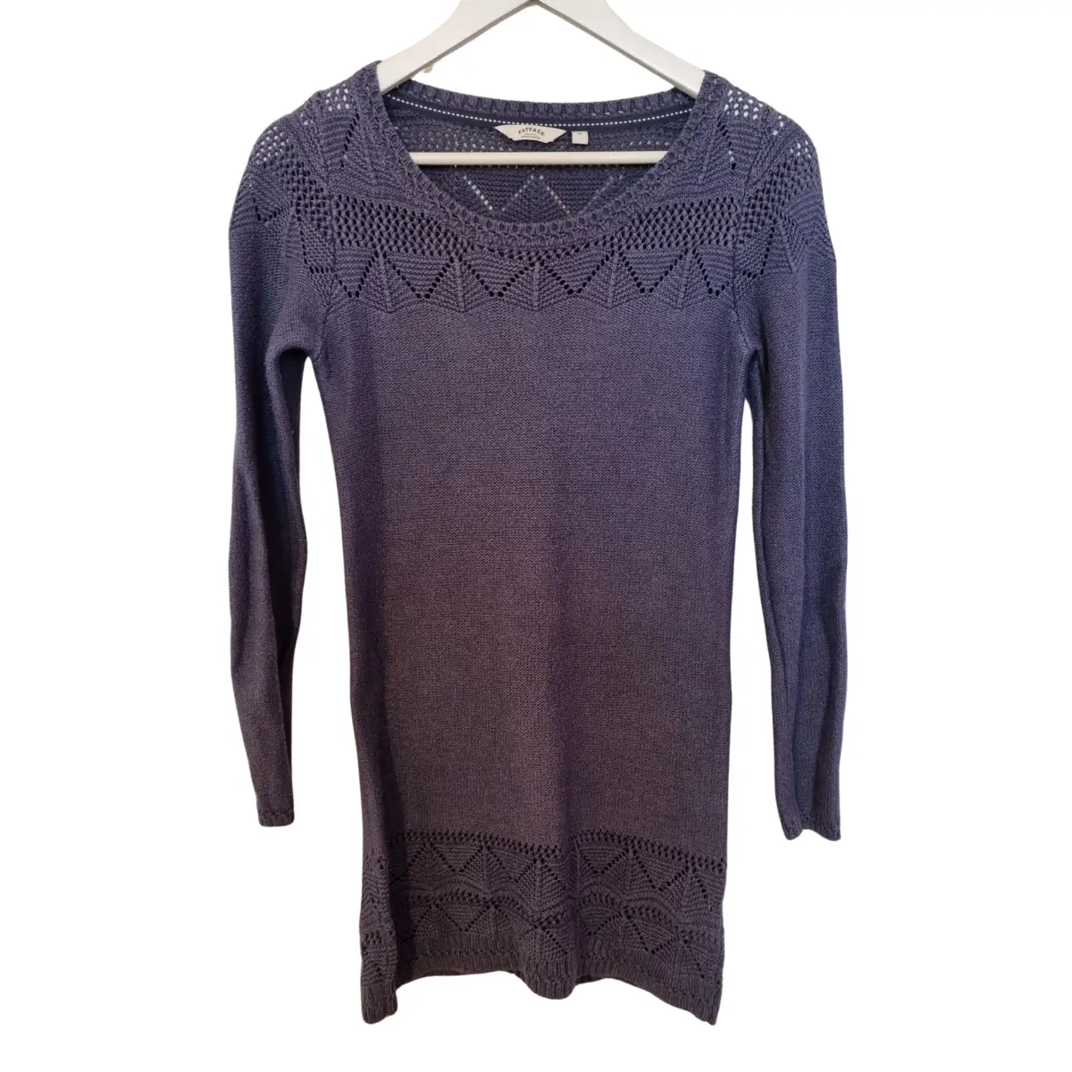 Fat Face Women's Blue Knitted Tunic Dress UK 8 Cotton Blend Long Sleeve Crochet