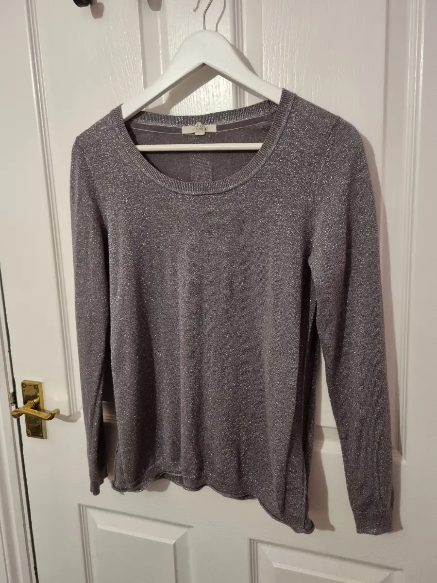 White Stuff Sparkly Jumper UK 10 Silver Grey Metallic Lurex Knit Party Top