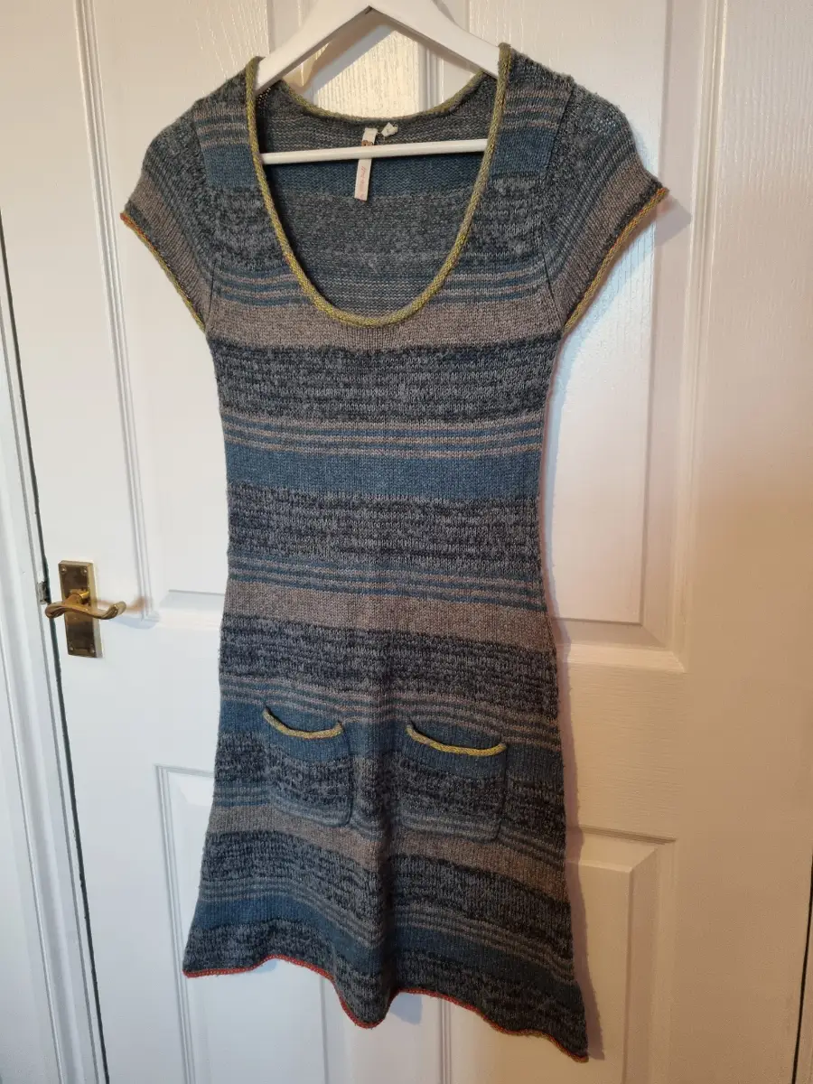 White Stuff Tunic Dress UK 8 Blue Grey Stripe Soft Wool Angora Blend Pockets Boho