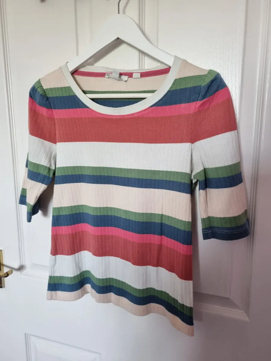 White Stuff Womens Multi Stripe Ribbed 3/4 Sleeve Pink White Green Blue Top Size 10