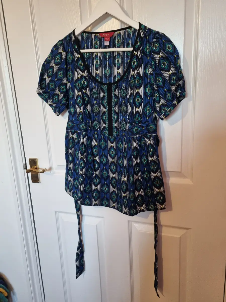 Monsoon Women's Cotton Ikat Beaded Tunic Top Blue Green Boho Size 8