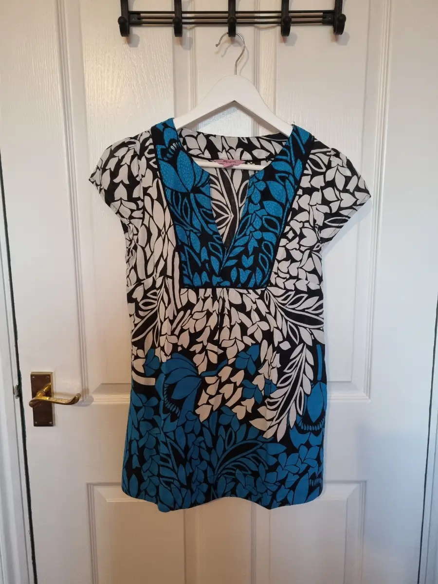 Monsoon Women's Cotton Tunic Top Black White Blue Floral Print Boho Size 10