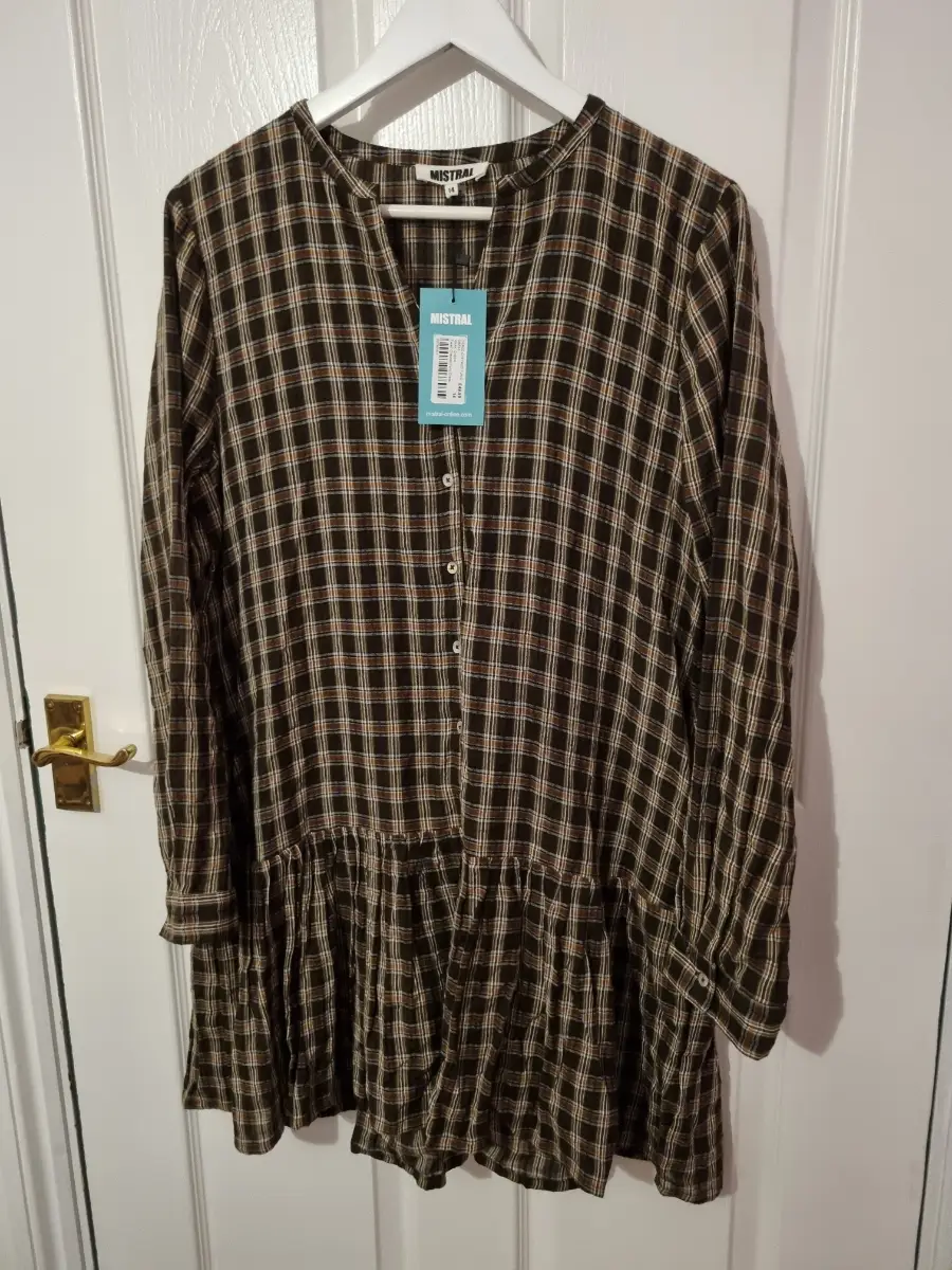 Mistral Tunic Dress UK 14 Khaki Checked Plaid Cotton Tiered Ruffle Smock BNWT